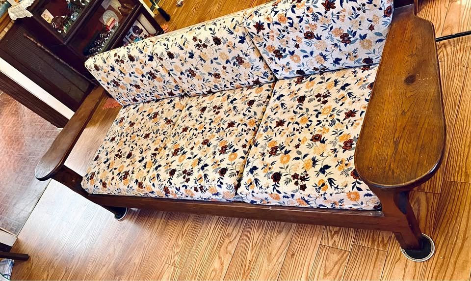 Vintage Handmade Wood and Floral Sofa